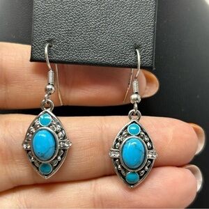 Southwestern Faux Turquoise Diamond Shape Silver Tone Dangle Earrings